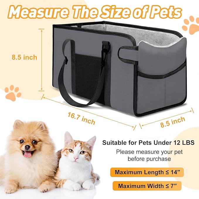 Portable Dog Car Seat for Small Dogs - Adjustable Safety Leash, Washable Cushion & Storage Pocket - Pet Booster Seat for Car Travel- Grey