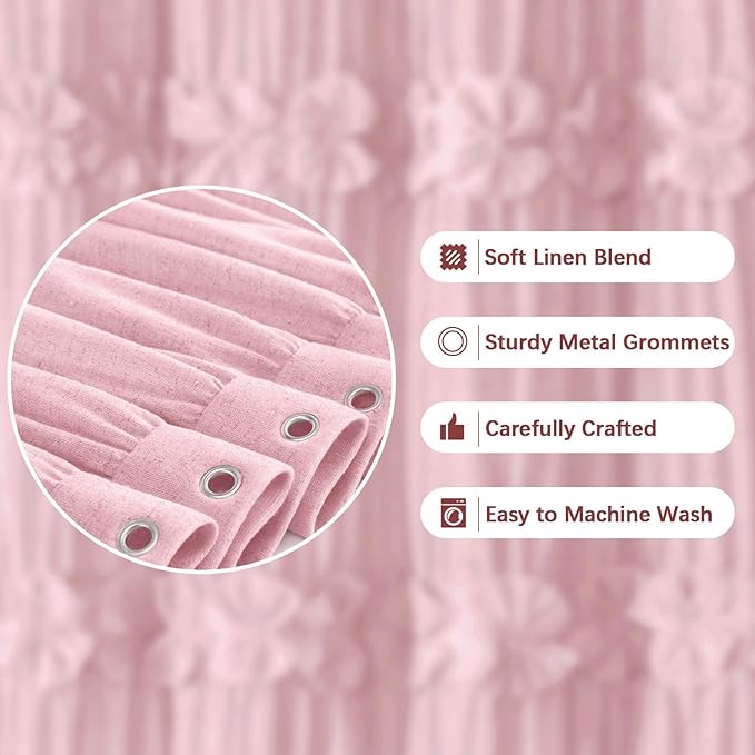 XOGUIBO Ruffle Shower Curtain with Handmade Bow Tie, Pink Linen Vintage Farmhouse Shower Curtain for Bathroom, 72" W x 72" H