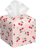 OHEGBXE Pink Polka Dot Tissue Box Holder Cherries with Blossoms Square Leather Tissue Box Cover Modern Cube Facial Paper Cover Case for Bathroom Vanity Countertop Night Stands Tabletop