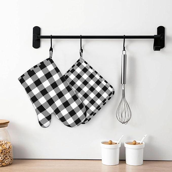 Black Checked Pattern Oven Mitts and Pot Holders Set of 4 Silicone Gingham Plaid Check Black Kitchen Mitten Gloves and Potholders Set Heat Resistant Oven Gloves Hot Holders for Kitchen