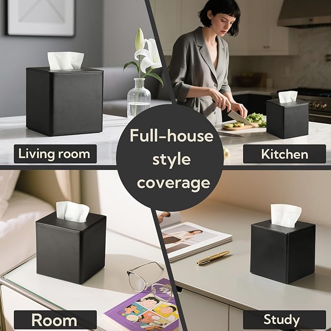 2 Pack PU Leather Tissue Box Cover Square Tissue Box Holder with Magnetic Closure, Black Tissue Box Cover, Black Tissue Box Holder, Decorative Tissue Holder for Bathroom Bedroom Office