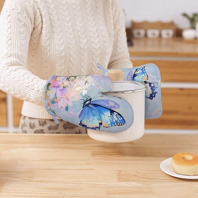 Oven Mitts Pot Holders Set Butterfly Flower Oil Painting Silicone Kitchen Gloves Potholders Heat Resistant for Chef Baking Cooking Grilling BBQ 4 Pack Mitt