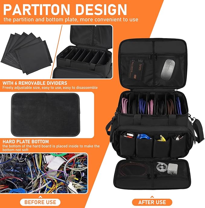 IBVIVIC DJ Cable File Bag with 6 Detachable Dividers High Capacity Gig Cable Bag for Cords,DJ Gear,Sound Instrument and Accessories, Black