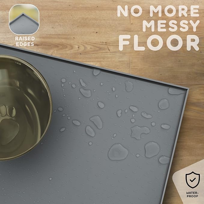 PetHappily Dog Food Mat - Raised Edges Dogs Mat for Food and Water Prevent Spill, Waterproof Cat Food Mats Protect Floors, Easy Clean Dog Bowl Mats for Food and Water, Silicone Pet Feeding Placemats