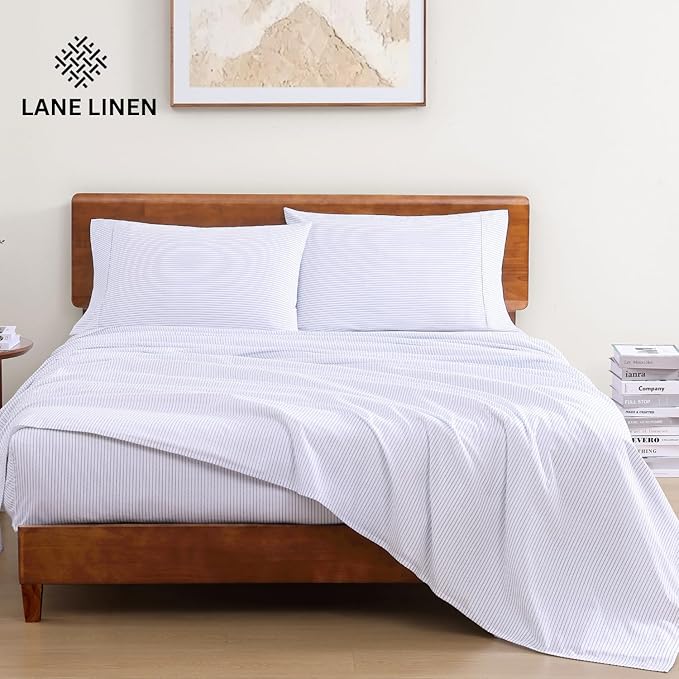 LANE LINEN 100% Organic Printed Cotton Sheets Twin Size, Classic Ticking Stripe Print (Available in Variety of Prints) Soft & Comfy Low Pill Fade Resistant Naturally Cooling Machine wash Twin Sheets