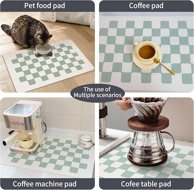 2PCS Large Dish Drying Mats for Kitchen Counter 24''x16'' Black Sage Beige Checkered Non-slip Coffee Mat Espresso Accessories,Sage Checkered