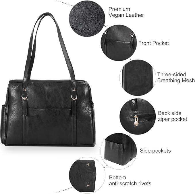 Lasaviin Dog Carrier Purse, Fashion Leather Pet Carrier with Pockets, Airline Approved Soft Sided Dog Carrying Bag for Puppy Cat Dog Black