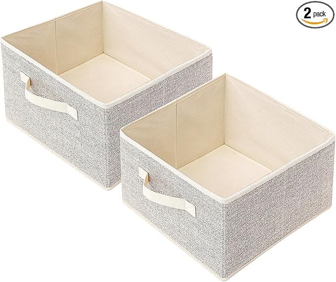 EITMOW Storage Baskets, 11-Inch Woven Fabric Bins, Storage Cubes with Reinforced Handles, Organizer Bins for Closet Shelves, Foldable, for Toys, Clothes, Natural Beige (2PCS/Beige-11*11*7.8inch)