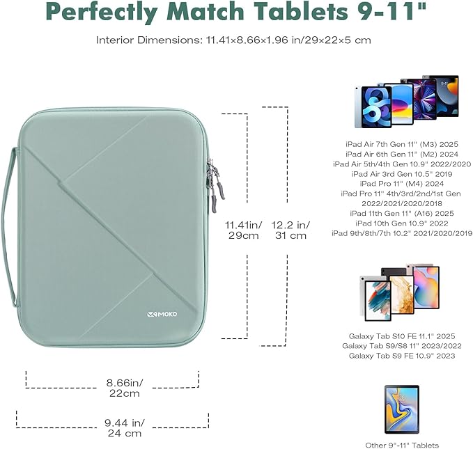 MoKo 9-11 Inch Tablet Sleeve Bag for New 11-inch iPad Air M3, iPad A16 2025, Pro M4, Air 5/4/3 10.9"/10.5", iPadPro 11 M2, 10./9/8 10.9/10.2, Tab S8/S9 11",Hard EVA Bag with Padded Handle, Bodhi Green