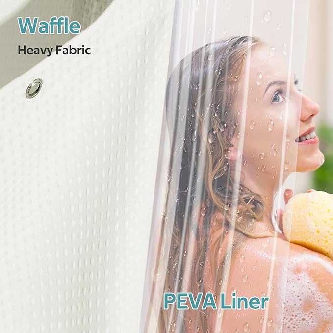 Vipfree 3 in 1 Shower Curtain Set, Waffle Shower Curtain and Liner Set with 12 Double Sided Shower Curtain Hooks, 258GSM Luxury Weighted Cloth Shower Curtains for Bathroom, 72 W x 84 H, Cream