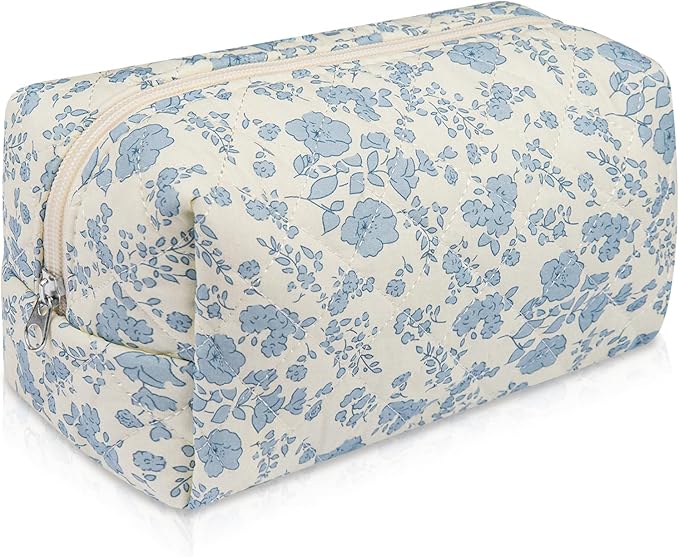 Gosect Floral Makeup Bag, Cute Cosmetic Bag for Women Girls, Quilted Cotton Make up Pouch, Travel Makeup Bags, Portable Storage Toiletry Organizer Bag(Blue Floral)