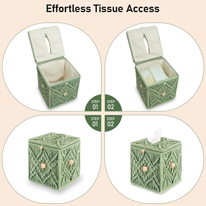 KaloKalo Handmade Tissue Box Cover Decorative Macrame Boho Square Tissue Holder Cotton Rope Woven Napkin Facial Paper Organizer Bohemian Desk Storage Container with Buckle Wood Beads (Light Green)