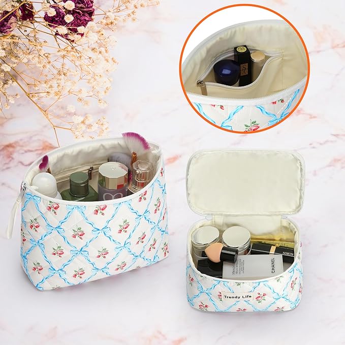 HAOGUAGUA 2 Pieces Makeup Bag, Small Large Quilted Cosmetic Bag, Travel Floral Make Up Toiletry Organizer Bag for Women Girls (2PCS STYLE B-3)