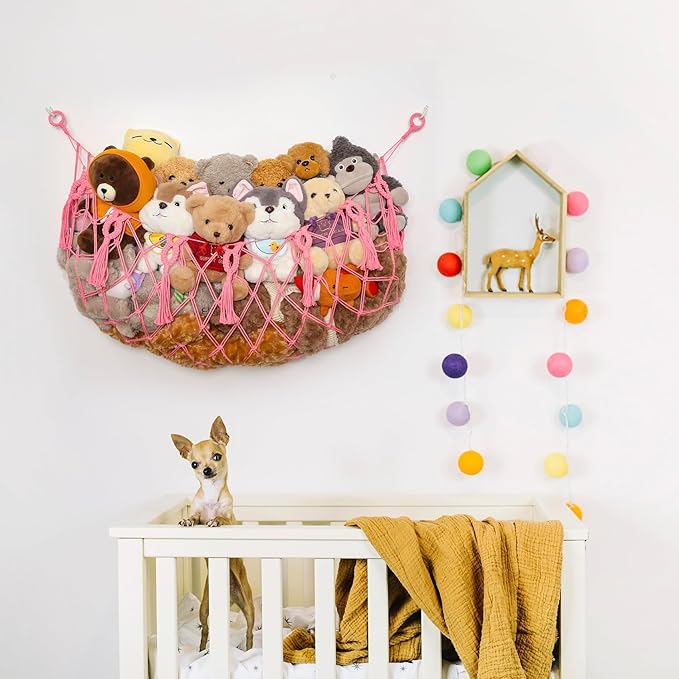 YKBU Stuffed Animal Net or Hammock Macrame Toy Diaplay Plush Toy Holder Corner Wall Hanging Net for Stuffed Animal Storage (Pink,49" W)