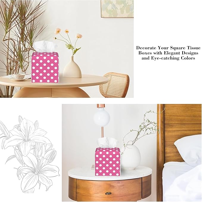 Pink Polka Dot Tissue Box Cover Square Leather Tissue Holder Waterproof Facial Paper Organizer Dispenser Cube Paper Cover Case for Home Office Bathroom Vanity Countertop