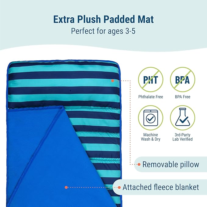 Wildkin 43-inch Kids Nap Mat – Soft Microfiber Toddler Sleeping Mat with Pillow