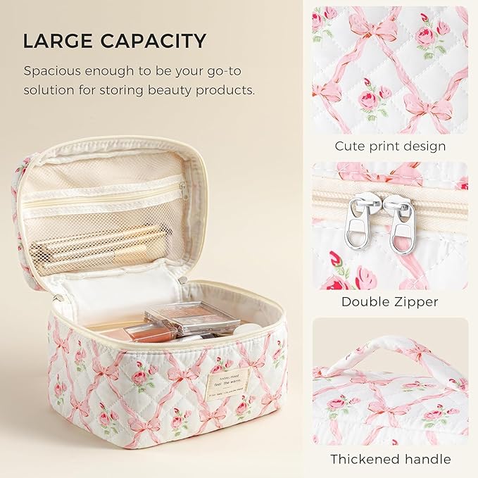 HBselect Christmas Gifts Large Quilted Makeup Bag, Cute Cotton Travel Makeup Bag with Handle, Portable Coquette Floral Make up Bags, Toiletry Organizer Make up Bags for Women Teen Girls Mom