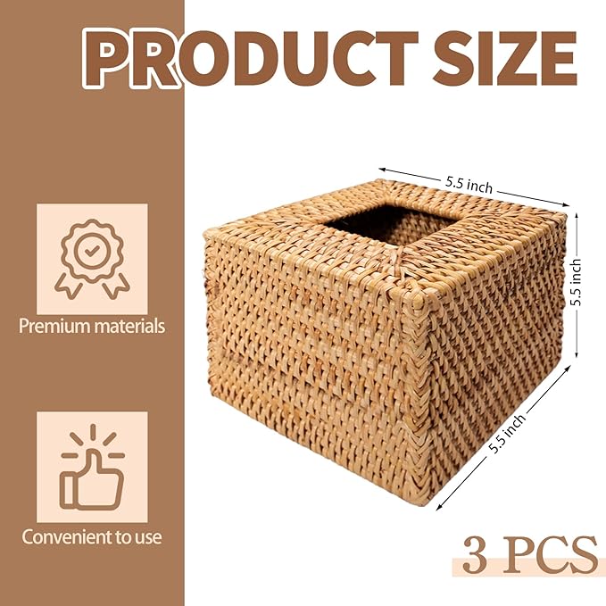 LECEHIVO 3 Pcs Square Rattan Tissue Box Cover Decorative Hand Wicker Woven Tissue Box Holder 5.5'' x 5.5'' x 5.5'' Boho Natural Tissue Cube Napkin Holder for Bathroom, Office, Car Accessories (Wood