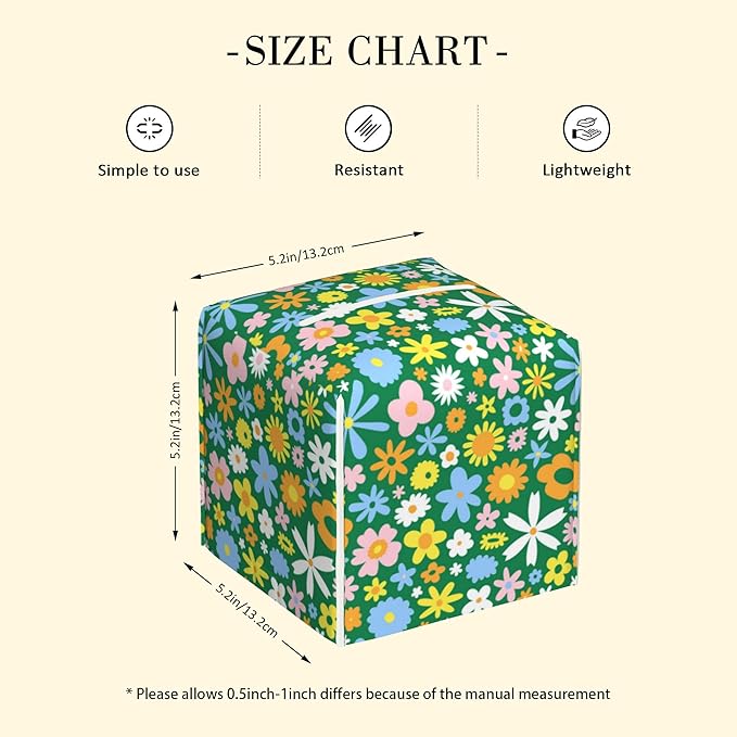 POIUBLE Colorful Hippie Flowers Tissue Box Cover Leather Tissue Box Holder Square Facial Paper Organizer Dispenser for Bathroom Kitchen Bedroom Vanity Countertop Night Stands