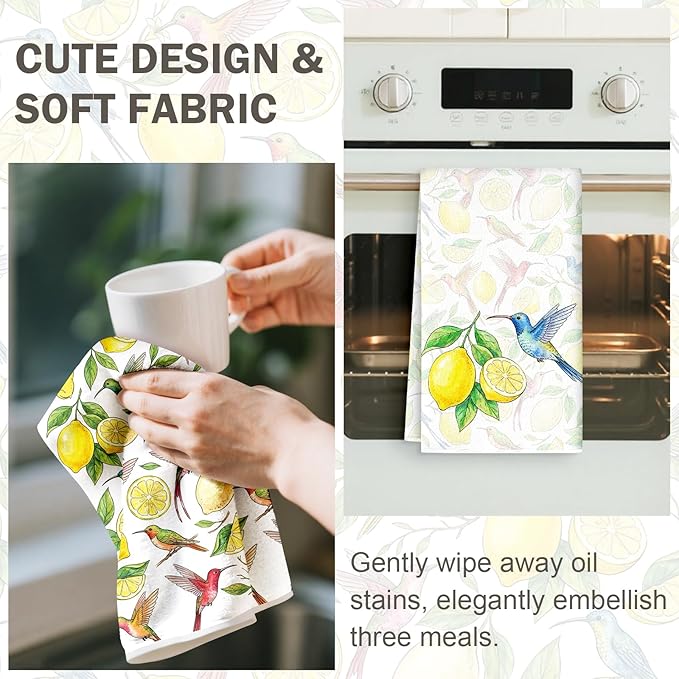 Ruirichfun Lemon Kitchen Towels,Set of 2 Spring Dish Towels for Kitchen Cute Lemon Flower Decoration Towels Microfiber Absorbent Reusable Cloth Dish Towel for Decorative Housewarming Vintage Design