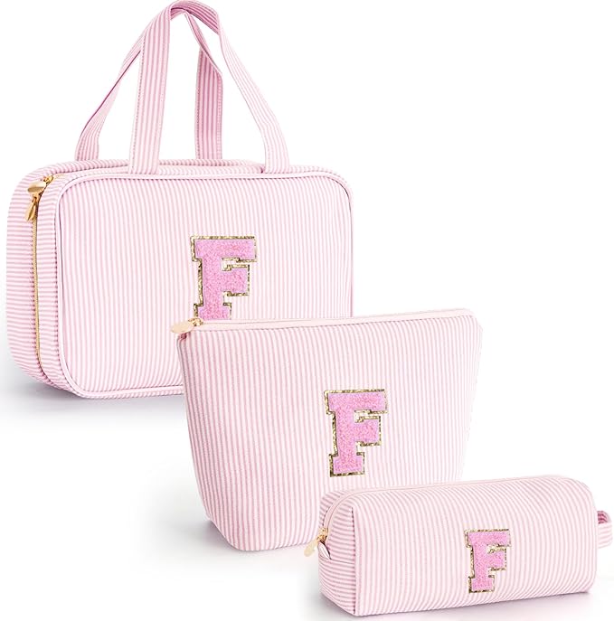 Fystdtote Toiletry Bag for Women,Personalized Initial Cute Makeup Pouch for Girlfriend Bridesmaid Wife | Travel Cosmetic Bag for Friend Female Sister | Birthday Gift Idea for Her Mom - Pink F