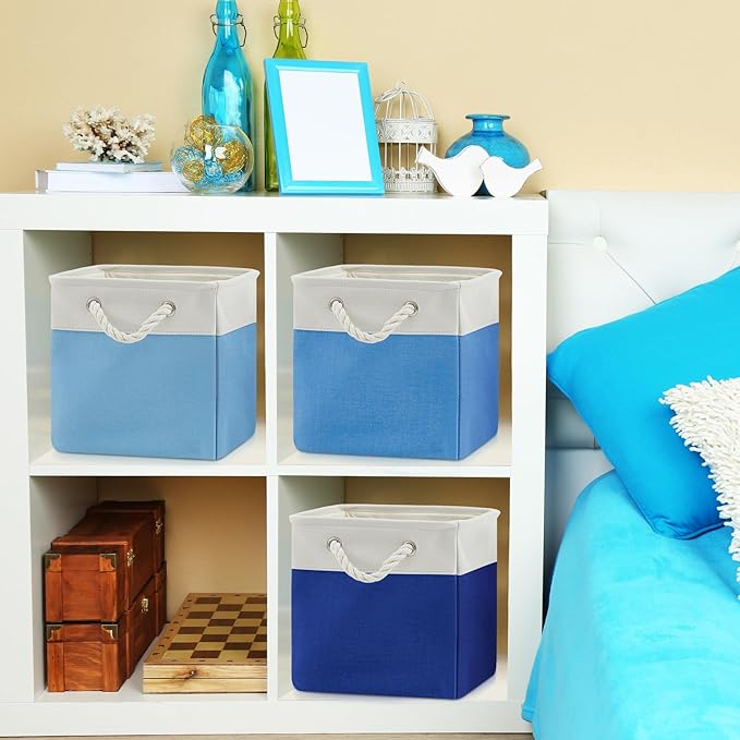 Geiserailie 6 Pcs 11 x 11 Inch Cube Storage Bins Fabric Storage Organizer Bins Foldable Cube Baskets with Sturdy Carry Handles Wicker Baskets for Home(11 x 11 Inch,Blue)