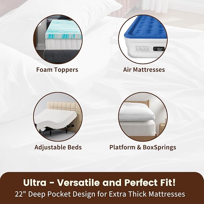 100% Linen Sheet Set King Size Extra Deep Pocket Fits 18-24 Inch Mattress, Breathable & Soft, Smooth 6-Piece Set for Thick Mattresses Hotel Luxury Bedding（King, White）