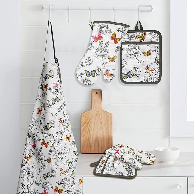 Oven Mitts and Pot Holders with Chaf Apron,Set of 5 Heat Resistant Kitchen Gloves and Silicone Non-Slip Potholders Adjustable Neck Buckle Apron, Cotton Nice Design for Cooking (Butterfly)