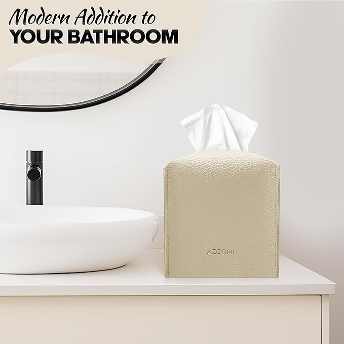 Tissue Box Cover Holder, PU Leather Tissue Box Cover Square with Bottom Belt, Cube Tissue Holder for Bathroom, Modern Organizer for Car, Office, Tabletop (Beige, 14 Leather Patterns)