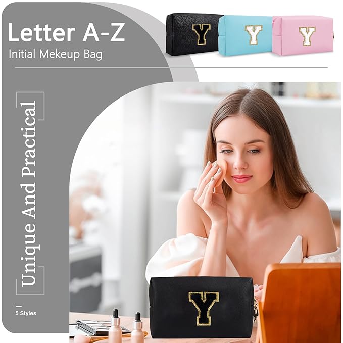 Personalized Initial A-Z Preppy Patch Makeup Bag,Small PU Chenille Letter Cosmetic Bag with Zipper for Teen Girls,Black Cute Toiletry Organizer Bag,Monogram Makeup Case Gift for Women Girls,Letter Y