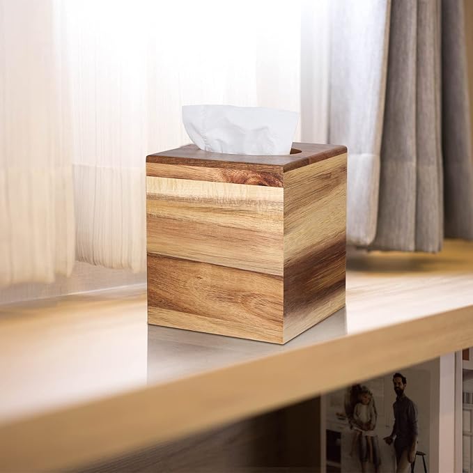 Reviaras Tissue Box Cover, Acacia Wood Square Tissue Box Holder with Slide-Out Bottom for Bathroom, Bedroom, Dinner Table, Office