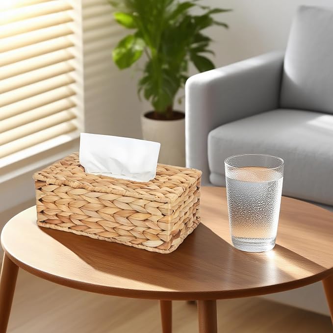 MHCLUE Water Hyacinth Rectangular Tissue Box Cover - Handwoven Natural Decorative Tissue Holder, Fits Standard Rectangular Tissue Boxes for Living Room, Bedroom, Bathroom, Sustainable Home Decor