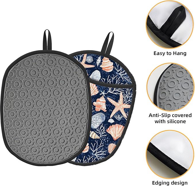 Pot Holders 2 Pack Silicone, Cotton Lining, Heat Resistant to 500°F (260°C), Non-Slip Grip, 7.5"x9.4" Oval Kitchen Hot Pads for Oven, Cooking (Seashells, Potholders)