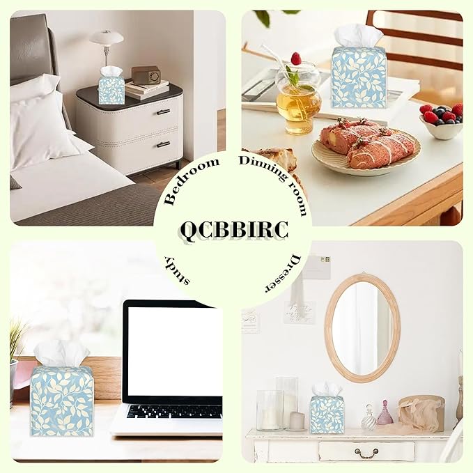 Light Blue and Cream Eucalyptus Leaves Tissue Box Cover Square Leather Tissue Holder Waterproof Facial Paper Organizer Dispenser Cube Paper Cover Case for Home Office Bathroom Vanity Countertop