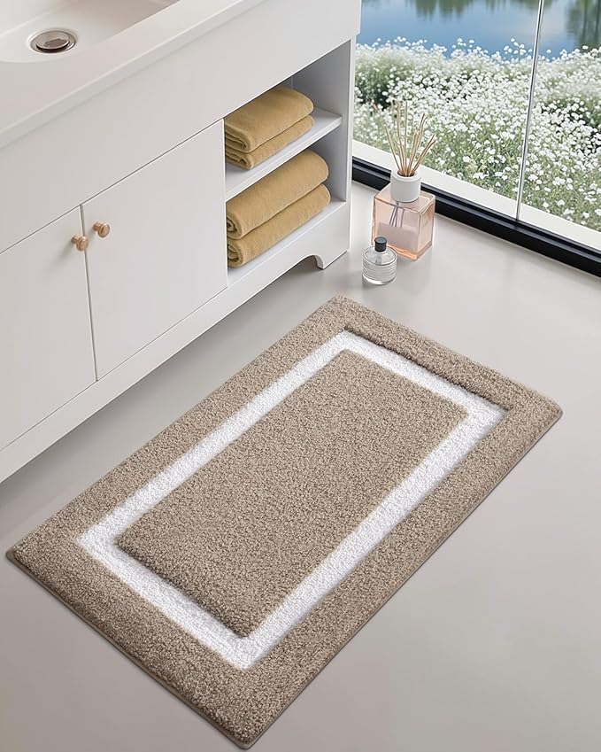 Color&Geometry Bathroom Rugs, Water Absorbent and Quick Dry Microfiber Bath Rugs-20"x32", Non-Slip, Machine Washable, Extra Soft Plush Bath Mats for Bathroom, Laundry Room, Khaki White