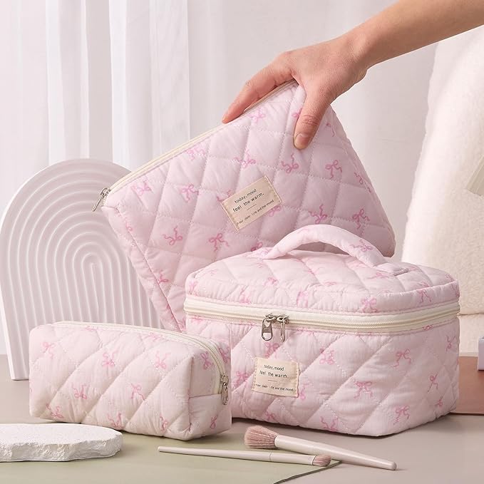 Cozomga Quilted Makeup Bag, Large Capacity Travel Cosmetic Bag for Women and Girls, Aesthetic Storage for Daily and Travel Use (3PCS-Pink SlimBow)