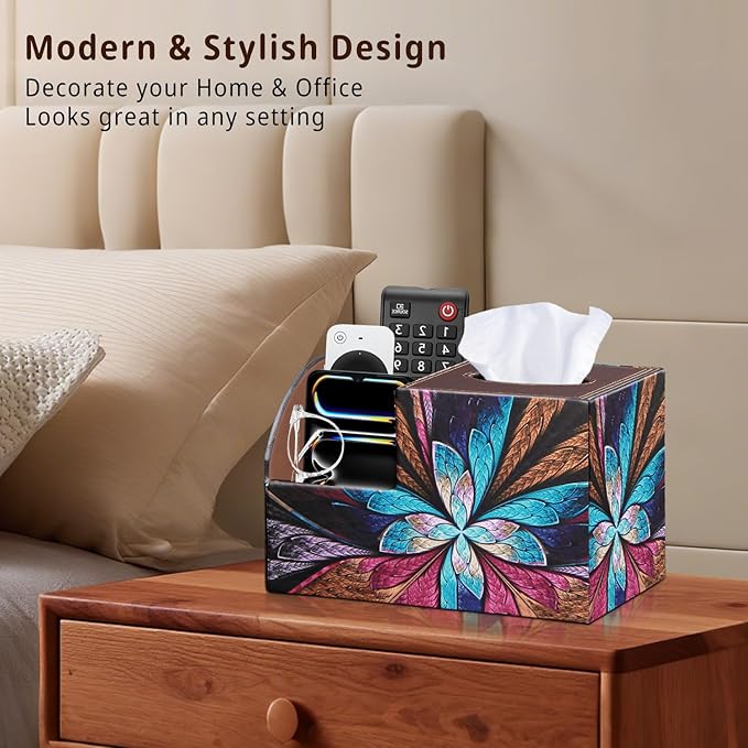 PU Leather Square Tissue Box Cover - Multi-Functional Tissue Box Holder, Tissue Box Cover with Storage,Tissue and Remote Control Holder, Cube Tissue Box Organizer Bedroom Nightstand End Table
