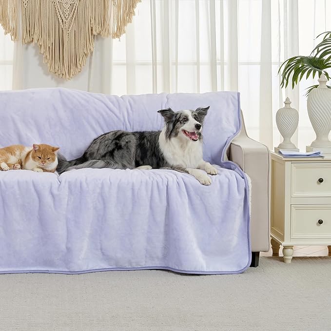 Yaning Waterproof Blanket for Bed Couch Sofa, Soft Liquid Pee Proof Pet Blanket for Dog Puppy Cat, Reversible Sherpa Fleece Furniture Protector (Lilac, 50x60 inches)