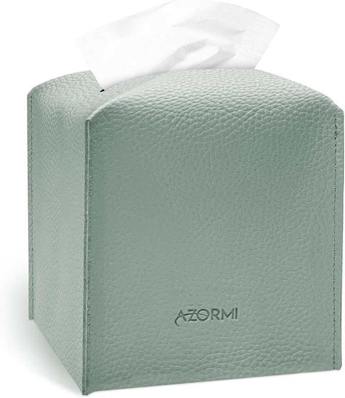 Tissue Box Cover Holder, PU Leather Tissue Box Cover Square with Bottom Belt, Cube Tissue Holder for Bathroom, Modern Organizer for Car, Office, Tabletop (Sky Blue, 14 Leather Patterns)