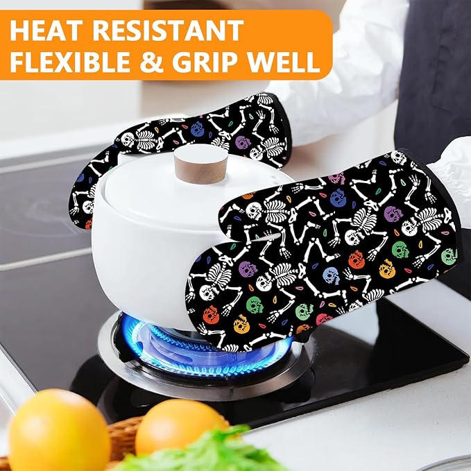 Skeleton Oven Mitts and Pot Holders Sets 4Pcs,Extra Long Oven Gloves Potholder for Kitchen Cooking Baking BBQ 100% Cotton Heat Resistant