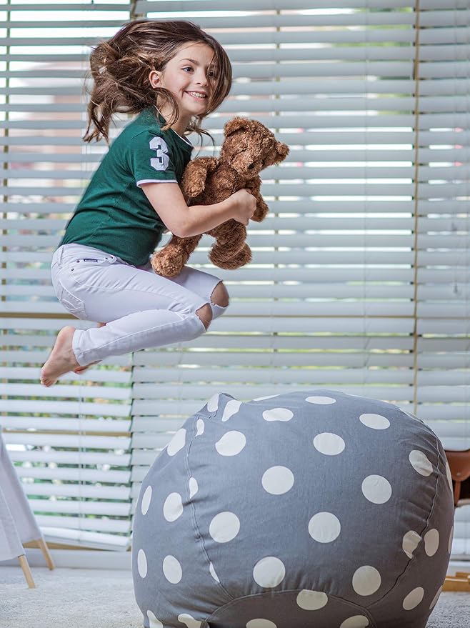WEKAPO Stuffed Animal Storage Bean Bag Chair Cover for Kids | Stuffable Zipper Beanbag for Organizing Children Plush Toys Large Premium Cotton Canvas (Gray Dot, X-Large)