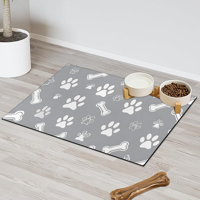 Eizlang Grey Dog Cat Food Mat,12"x20" Inches Rapid Absorbent Pet Feeding Mat,Pets Placemat Water Bowl Mats with Rubber Backing,No Stains Cat Dog Feeding Mats Indoor,Pet Accessories Supplies