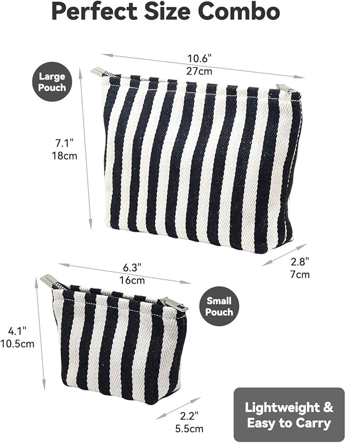 2 Pcs Makeup Bag Set for Women, Travel Cosmetic Bags, Canvas Make up Bag for Purse, Black White Striped Makeup Pouch with Zipper Lining, Cosmetic Storage Car Bag, Portable Large & Small Toiletry