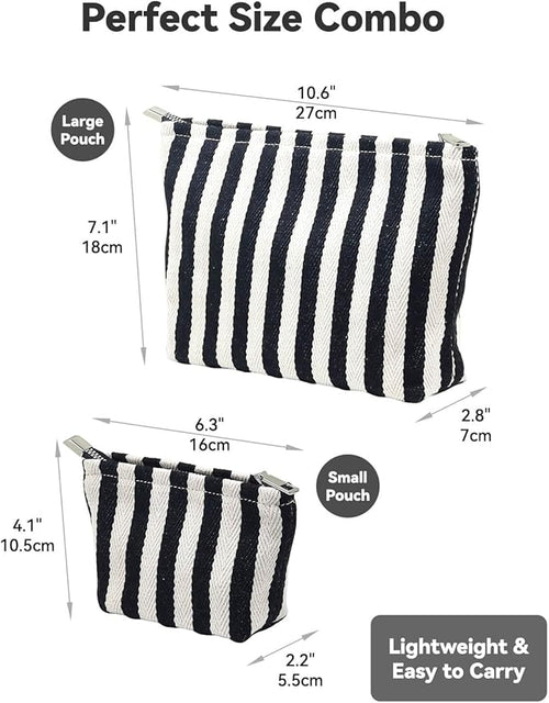 2 Pcs Makeup Bag Set for Women, Travel Cosmetic Bags, Canvas Make up Bag for Purse, Black White Striped Makeup Pouch with Zipper Lining, Cosmetic Storage Car Bag, Portable Large & Small Toiletry