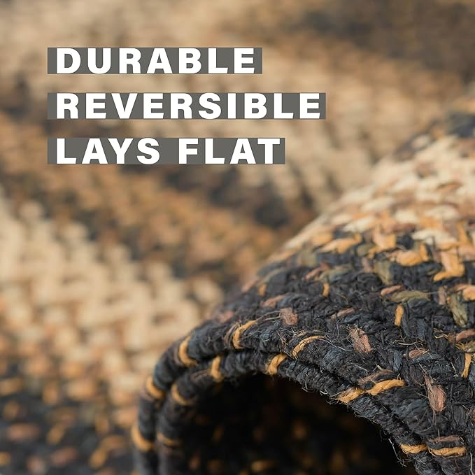 Homespice Kilimanjaro Black & Tan Oval Jute Rug 20x30 - Braided Kitchen Rugs for Primitive Farmhouse Kitchen Decor, Reversible, No Shed Jute for Easy Maintenance