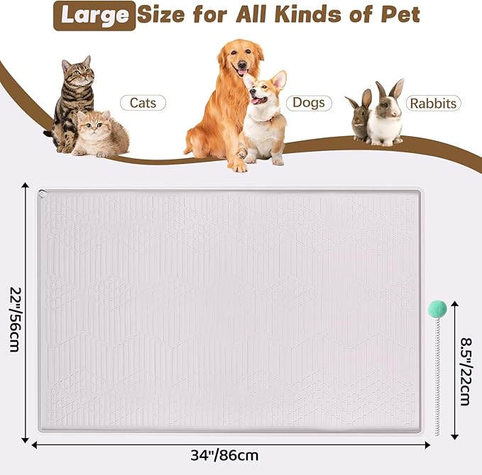 Bartuke Cat Food Mat with Toy Ball, 34'' x 22'' Extra Large Silicone Pet Feeding Mat with Raised Edge Pet Placemat for Food and Water Bowl Non-Slip, Easy to Clean, Floor Protection (White)
