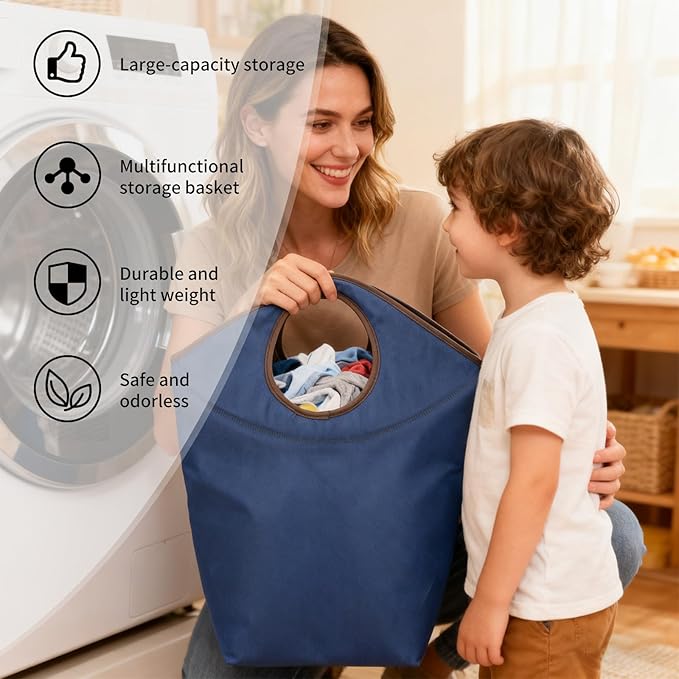 Foldable Storage Hamper Bag with Soft Padded Handle, 22x21x12inch Multi-Purpose Oxford Fabric Laundry Basket, Collapsible Storage Bag for Home, Bedroom, Dormitory, Travel & Outdoor