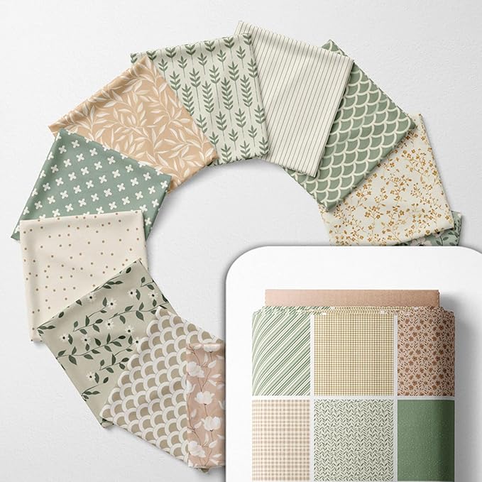 Cotton Satin Patchwork Fabric Panel – 35 Designs, 20×20 cm Squares, Single Piece 150×110 cm, Sage Green & Beige Patchwork Quilt Fabric (Meadow Breeze Patchwork Set, 35pcs 8x8 inch)