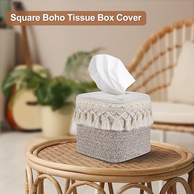 Square Boho Tissue Box Cover: Hand-Woven Tassel Holder for Bathroom, Table & Kitchen – Open-Bottom Design Decorative Cover for Home, Office & Farmhouse Decor (1, Tassel Ivory/Taupe, One Size)