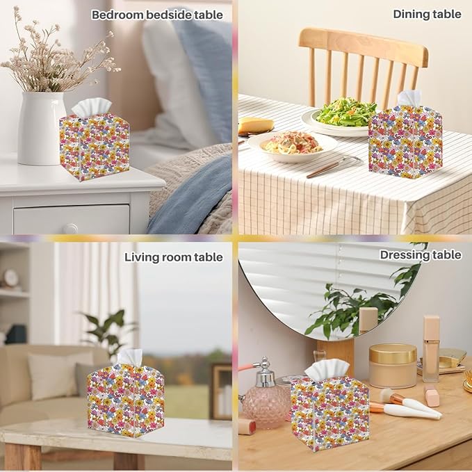 Tissue Box Cover, Tissue Box Holder, Square with Belt Bottom, PU Leather Decorative Organizer for Desk, Tabletop, Countertop Bathroom, Toilet Car, Office, Dresser Bedside, Aesthetic Flower Decor